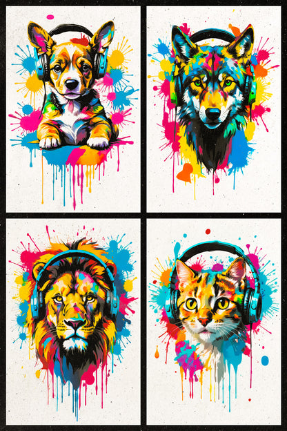 4 Set Animals In Headphones Puppy Wolf Lion Kitten Fox Abstract Colorful Art Poster