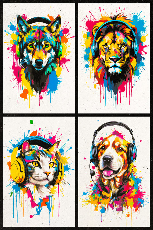 4 Set Animals In Headphones Wolf Lion Dog Cat Abstract Colorful Art Poster