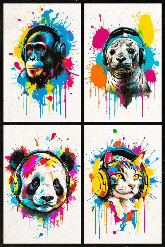 4 Set Animals In Headphones Monkey Seal Panda Cat Abstract Colorful Art Poster