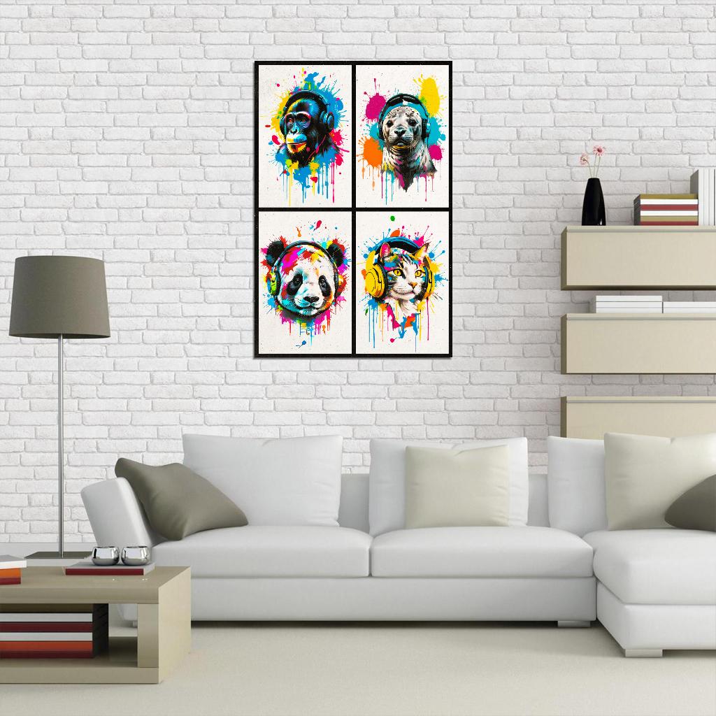 4 Set Animals In Headphones Monkey Seal Panda Cat Abstract Colorful Art Poster