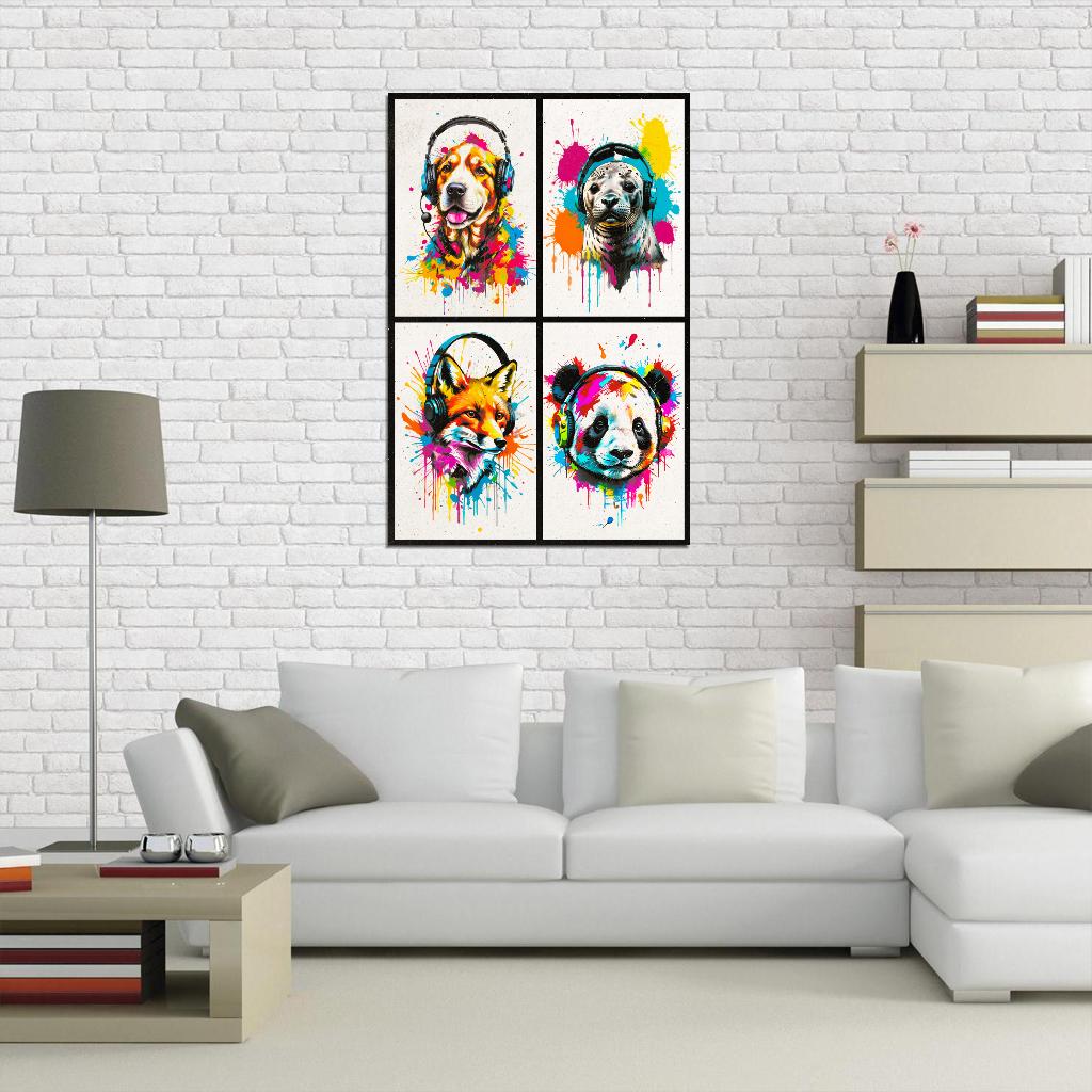 4 Set Animals In Headphones Dog Seal Fox Panda Abstract Colorful Art Poster