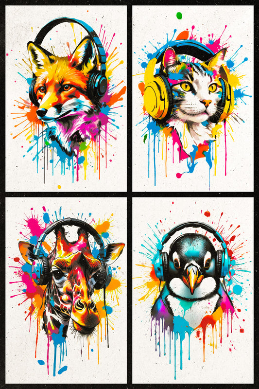 4 Set Animals In Headphones Fox Cat Giraffe Penguin Abstract Colorful Art Poster