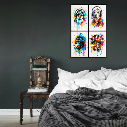 4 Set Animals In Headphones Penguin Dog Monkey Giraffe Abstract Colorful Art Poster