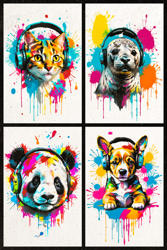 4 Set Animals In Headphones Cat Seal Panda Puppy Abstract Colorful Art Poster
