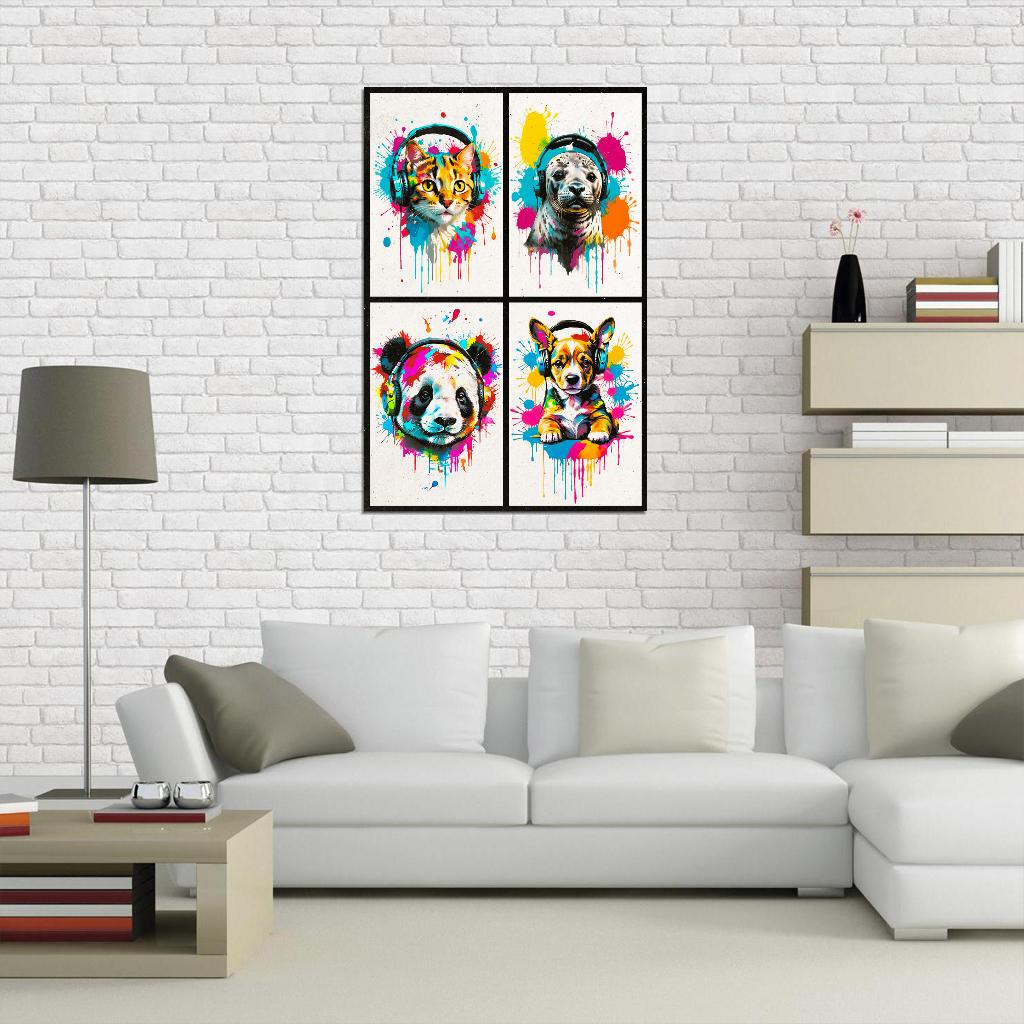 4 Set Animals In Headphones Cat Seal Panda Puppy Abstract Colorful Art Poster