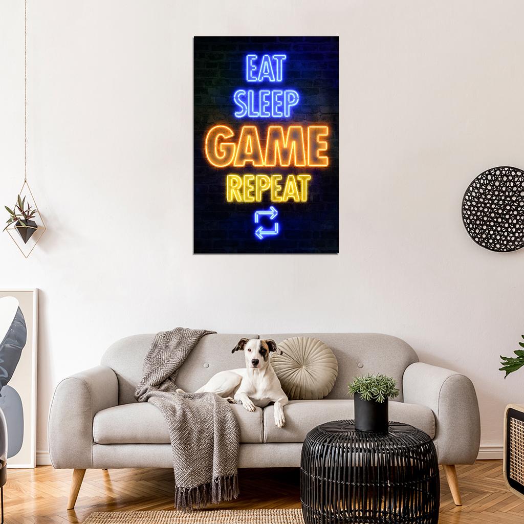 Eat Sleep Game Repeat Gaming Neon Art Print Poster