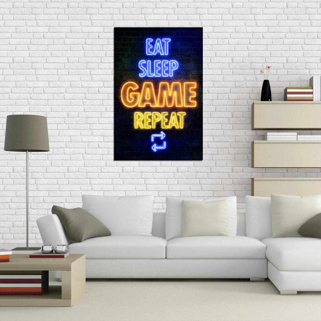 Eat Sleep Game Repeat Gaming Neon Art Print Poster
