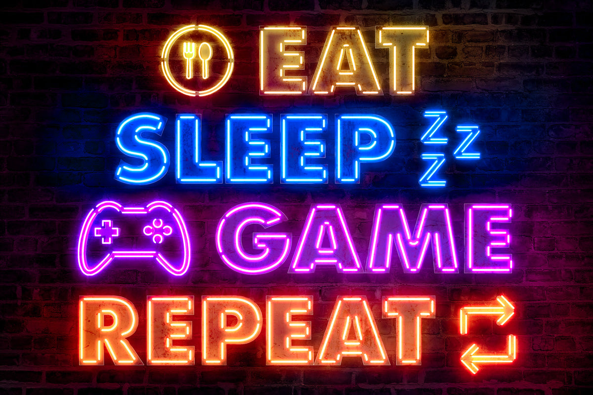 Eat Sleep Game Repeat Gaming Neon Art Poster