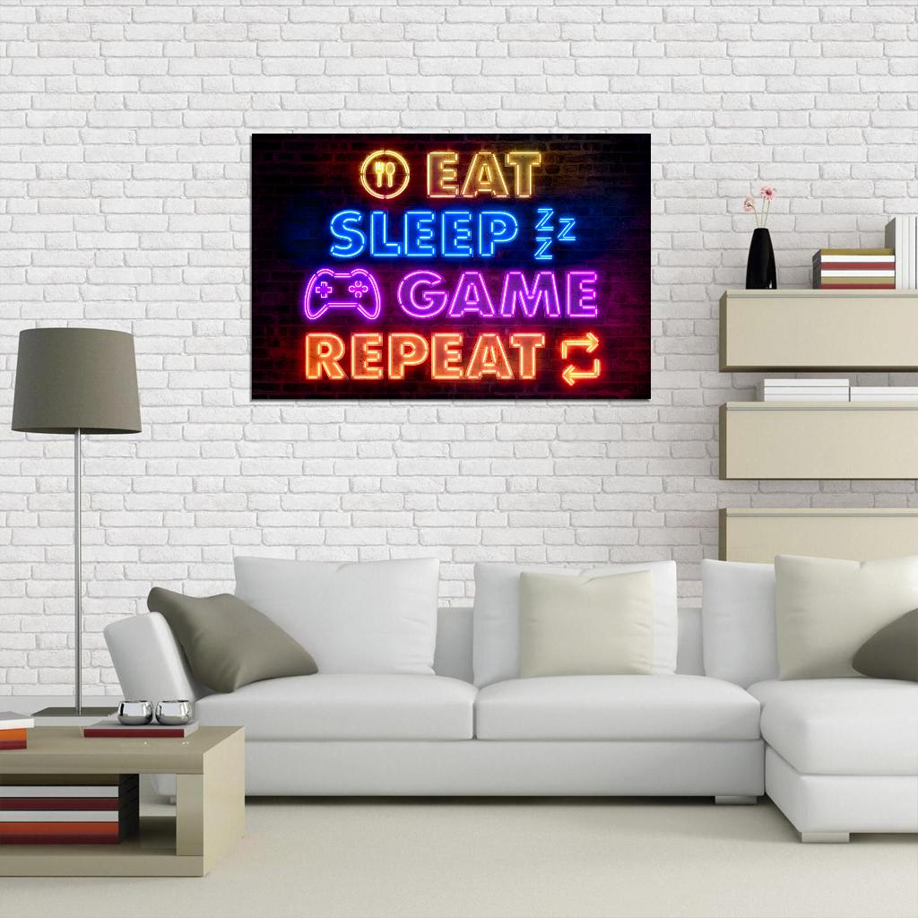 Eat Sleep Game Repeat Gaming Neon Art Poster