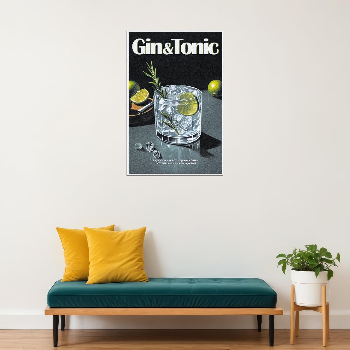 Gin And Tonic Cocktail Vintage Poster Retro Aesthetic Kitchen Wall Art