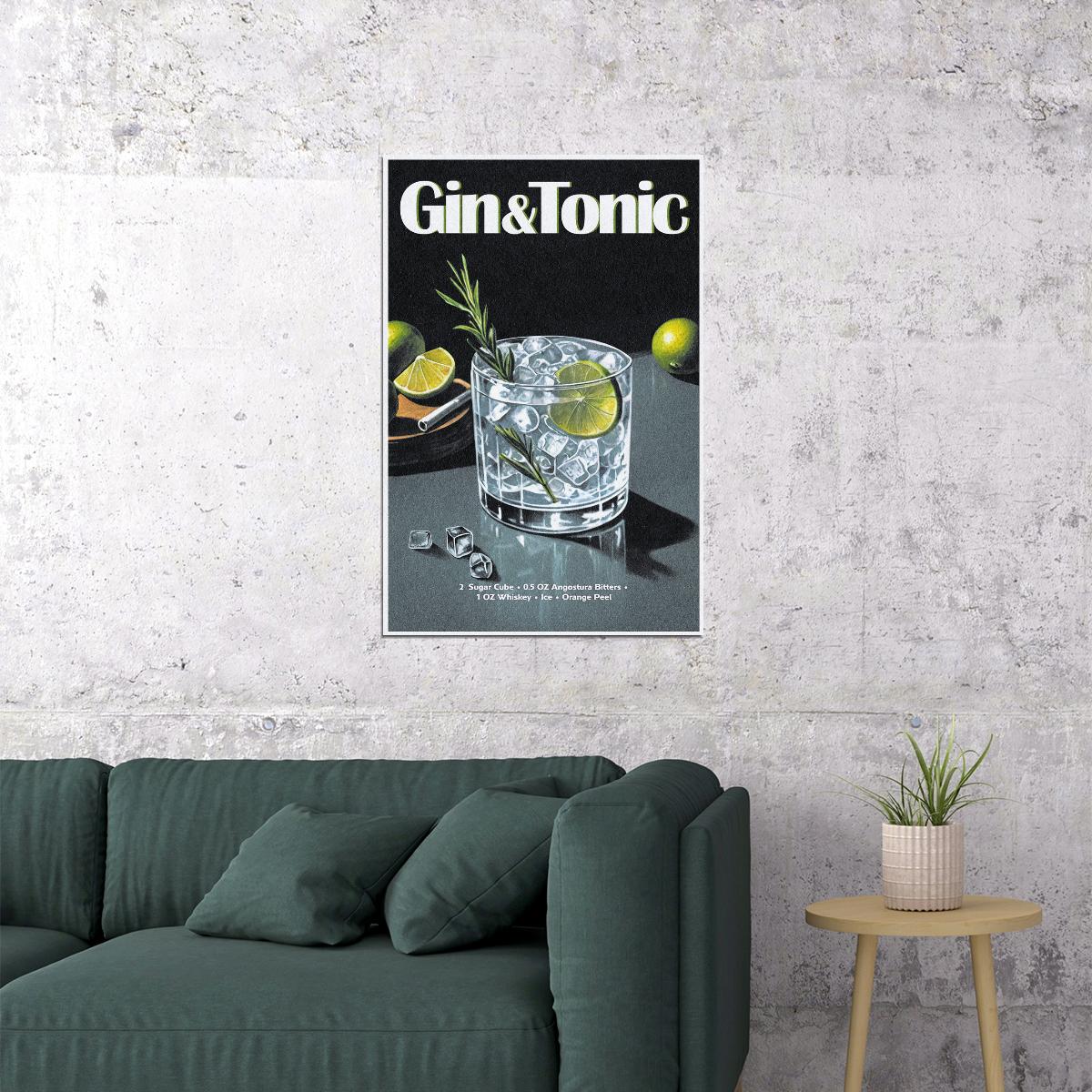 Gin And Tonic Cocktail Vintage Poster Retro Aesthetic Kitchen Wall Art