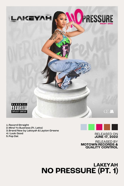 Lakeyah No Pressure (Pt. 1) Album Cover Rap Music Poster Female Rapper Album Wall Art Print