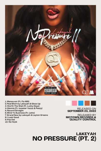 Lakeyah No Pressure (Pt. 2) Album Cover Rap Music Poster Female Rapper Album Wall Art Print