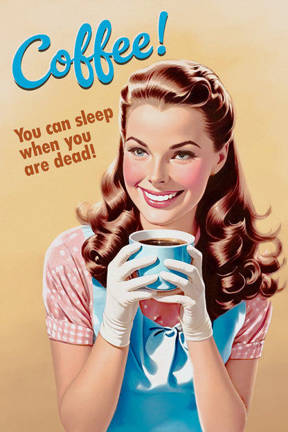 Coffee You Can Sleep When You Are Dead Funny Vintage Poster 1950s Kitchen Print 50's Housewife Wall Art