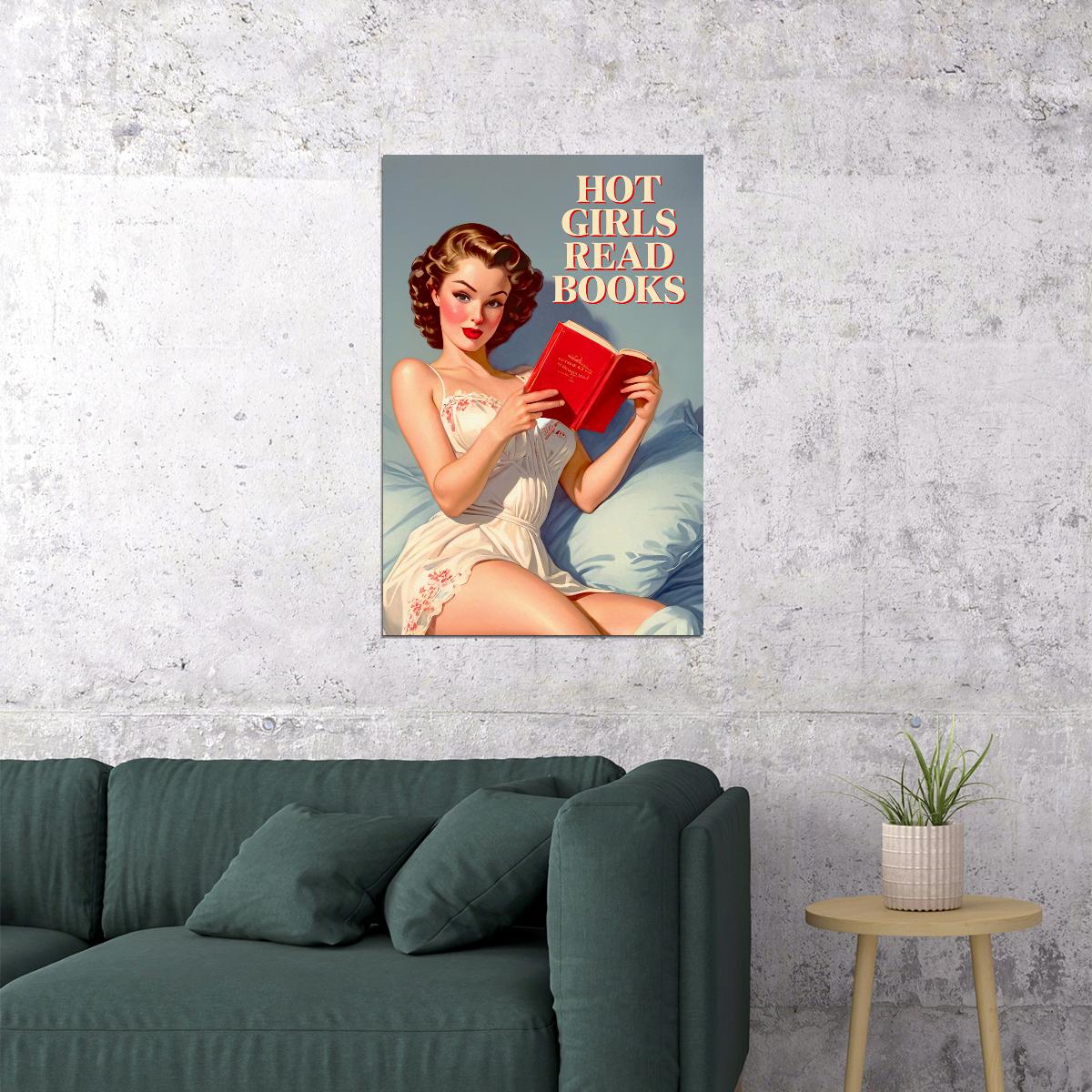 Hot Girls Read Books Funny Vintage Poster 1950s Kitchen Print 50's Housewife Wall Art