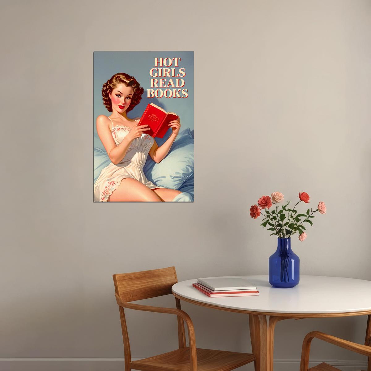 Hot Girls Read Books Funny Vintage Poster 1950s Kitchen Print 50's Housewife Wall Art