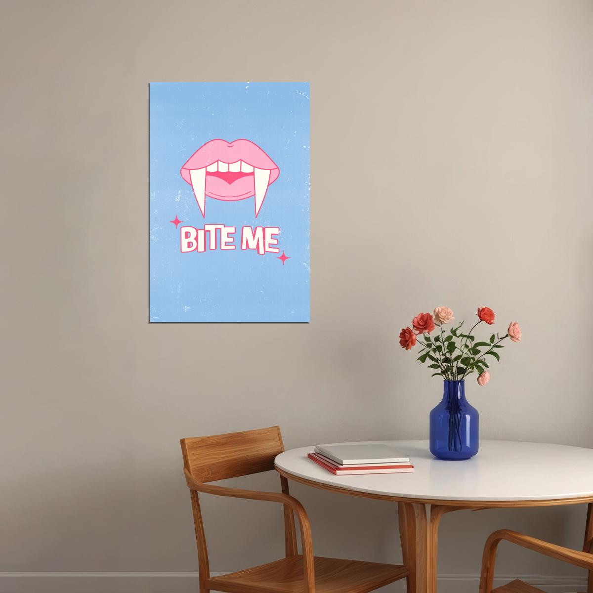 Bite Me Halloween Poster Cute Pink Vampire Lips Wall Art Pastel Blue Trendy Coquette Wall Decor