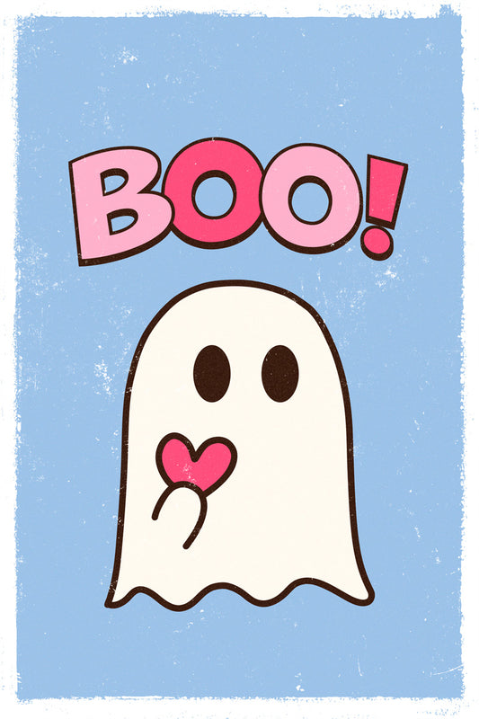 Boo! Halloween Poster Cute Ghost Heart Art Trendy Coquette Wall Decor Blue And Pink Print - xonomax