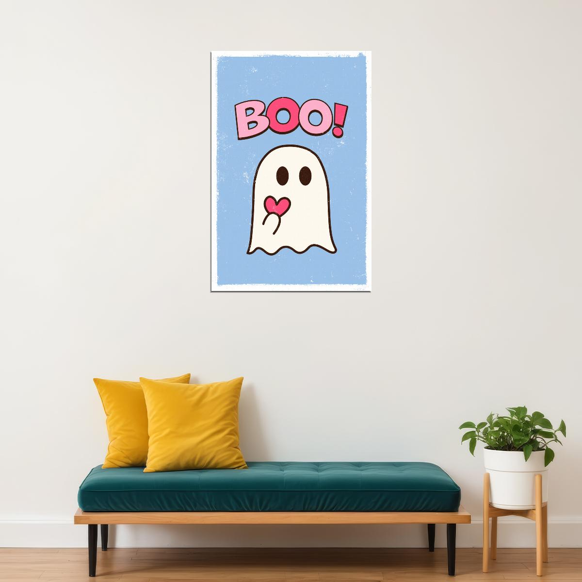 Boo! Halloween Poster Cute Ghost Heart Art Trendy Coquette Wall Decor Blue And Pink Print - xonomax