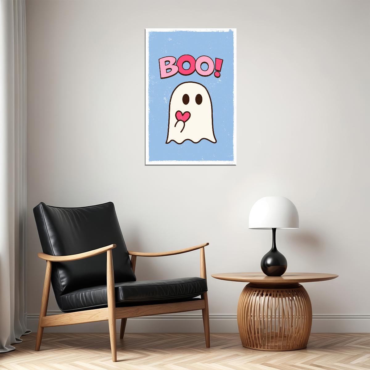 Boo! Halloween Poster Cute Ghost Heart Art Trendy Coquette Wall Decor Blue And Pink Print - xonomax