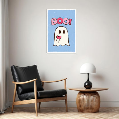 Boo! Halloween Poster Cute Ghost Heart Art Trendy Coquette Wall Decor Blue And Pink Print - xonomax