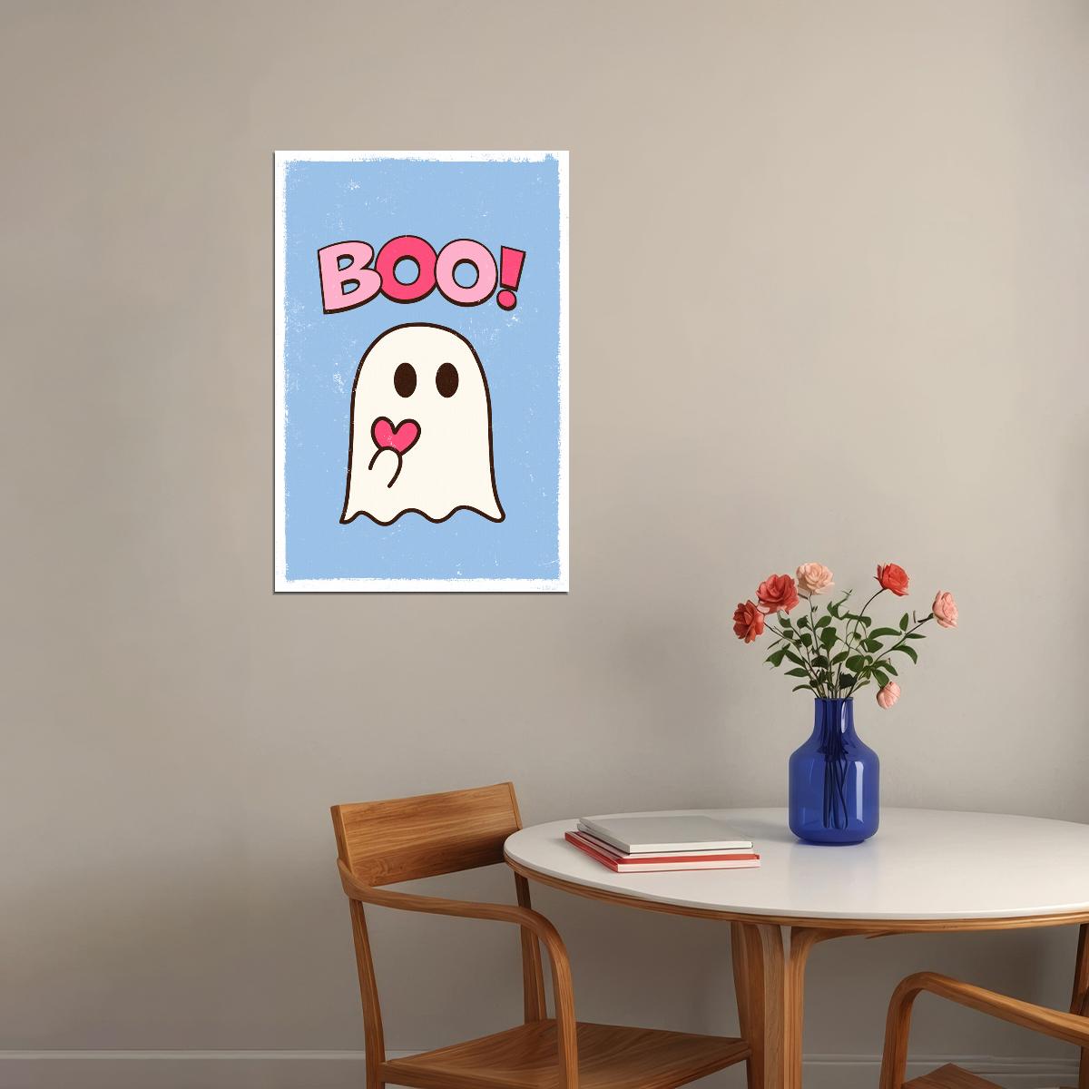 Boo! Halloween Poster Cute Ghost Heart Art Trendy Coquette Wall Decor Blue And Pink Print - xonomax
