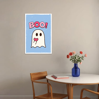 Boo! Halloween Poster Cute Ghost Heart Art Trendy Coquette Wall Decor Blue And Pink Print - xonomax