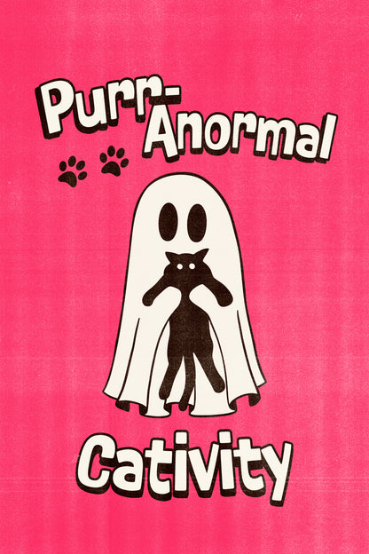 Purranormal Cativity Poster Cute Halloween Ghost With Cat Wall Art Pink Trendy Coquette Print - xonomax