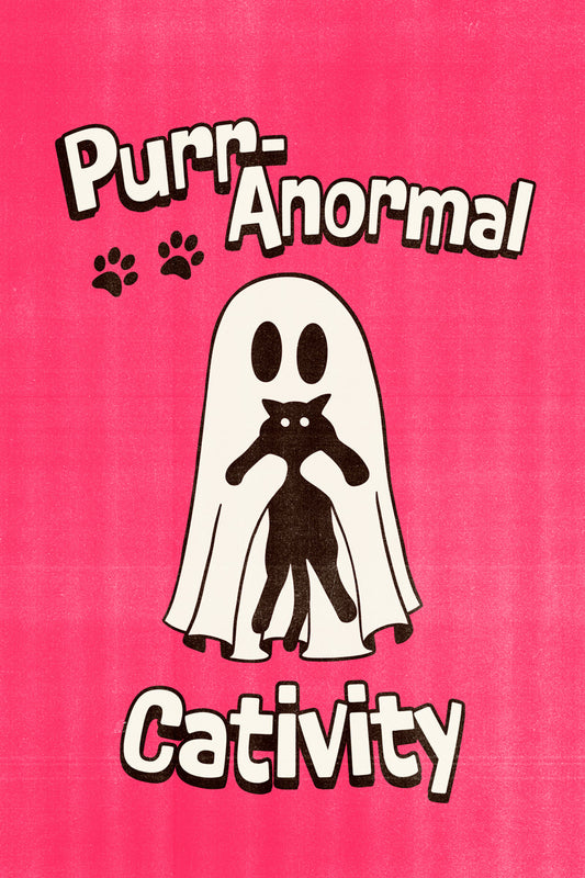 Purranormal Cativity Poster Cute Halloween Ghost With Cat Wall Art Pink Trendy Coquette Print - xonomax