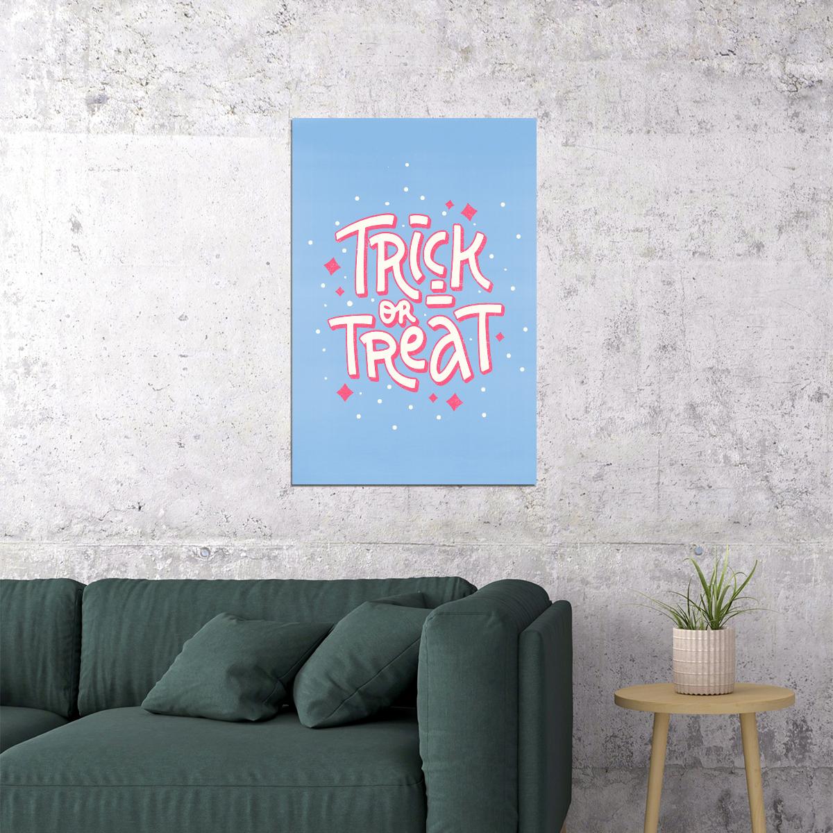 Trick Or Treat Poster Cute Pastel Blue And Pink Halloween Wall Art Trendy Coquette Print