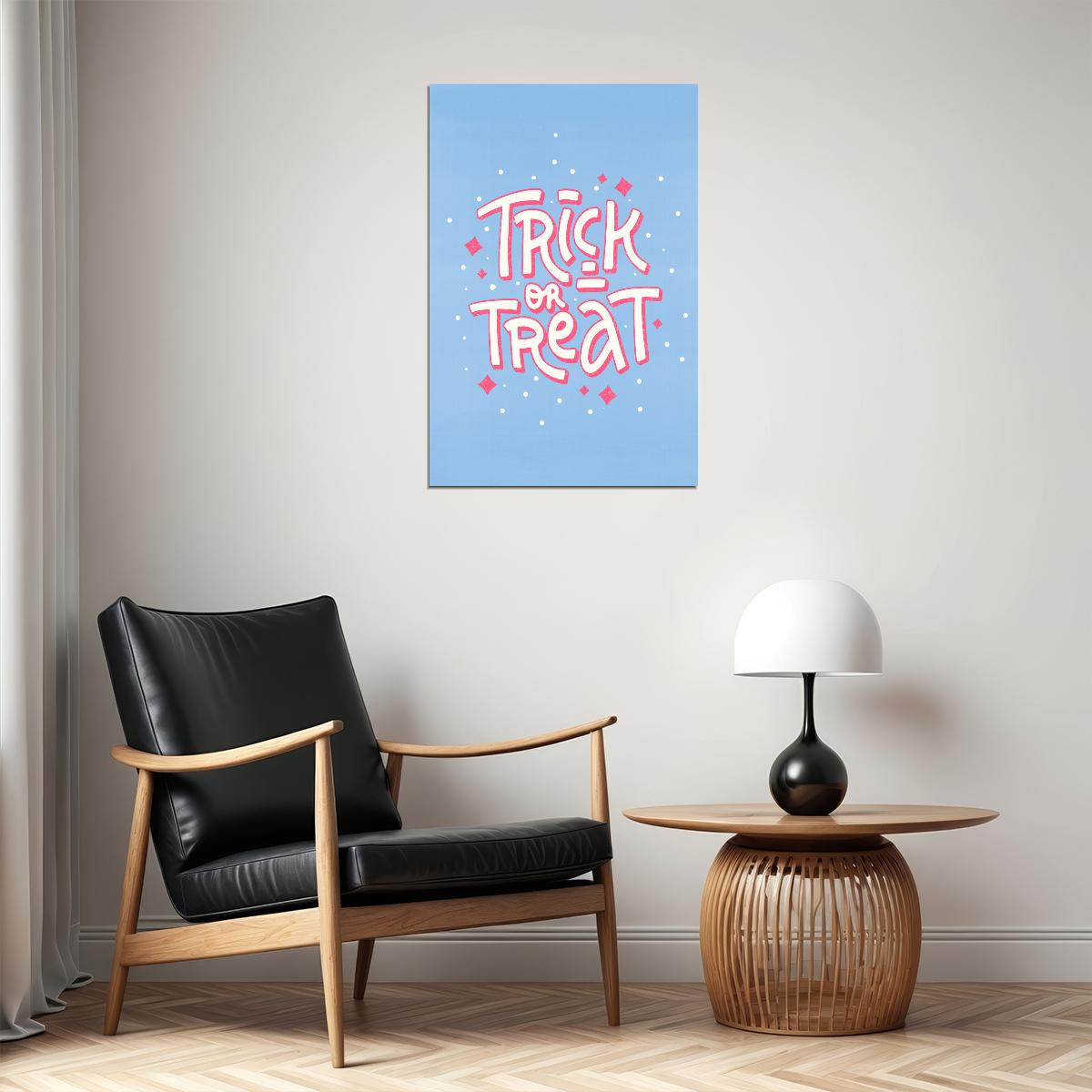 Trick Or Treat Poster Cute Pastel Blue And Pink Halloween Wall Art Trendy Coquette Print