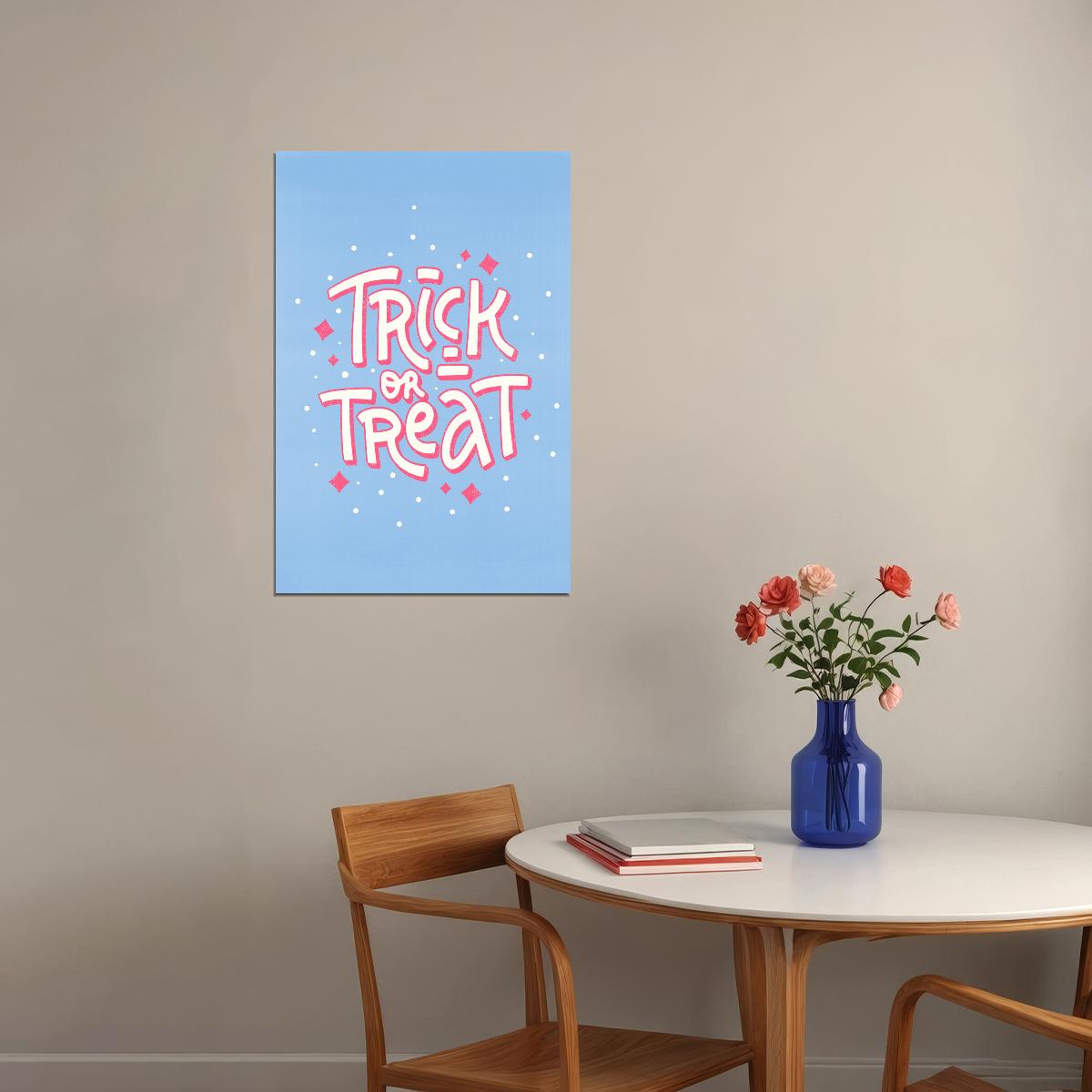 Trick Or Treat Poster Cute Pastel Blue And Pink Halloween Wall Art Trendy Coquette Print