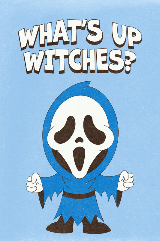 What's Up Witches Trendy Halloween Poster Retro Ghostface Wall Art Blue Preppy Print - xonomax