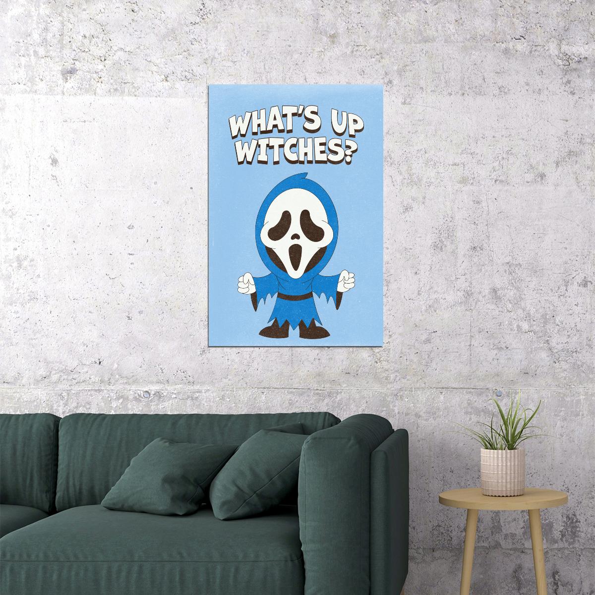 What's Up Witches Trendy Halloween Poster Retro Ghostface Wall Art Blue Preppy Print - xonomax