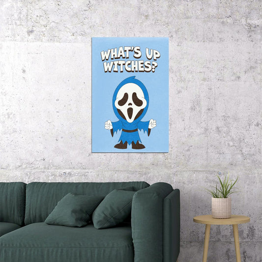 What's Up Witches Trendy Halloween Poster Retro Ghostface Wall Art Blue Preppy Print - xonomax