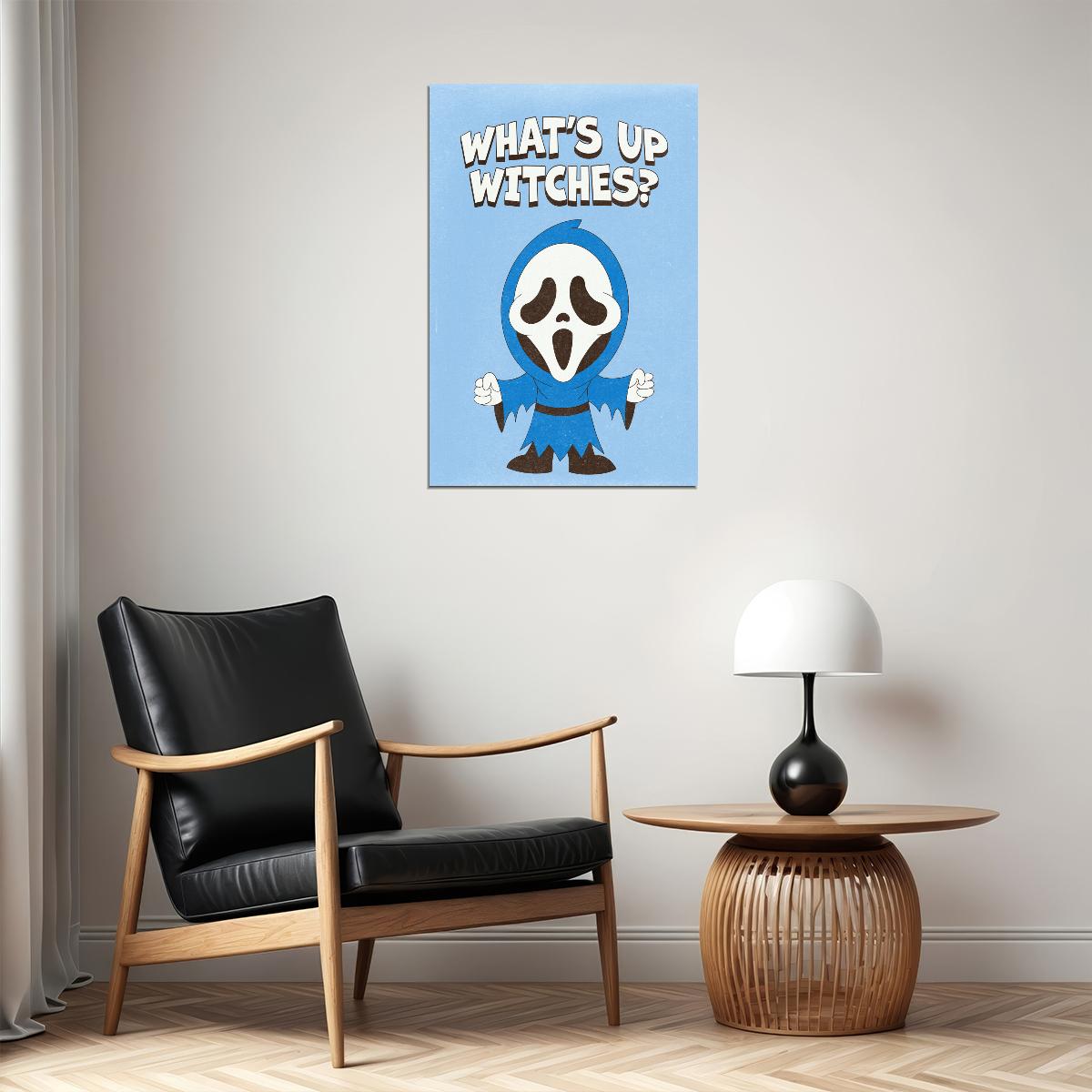 What's Up Witches Trendy Halloween Poster Retro Ghostface Wall Art Blue Preppy Print - xonomax