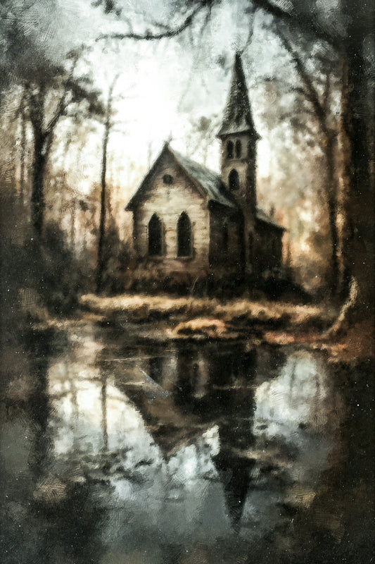 Creepy Abandoned Church Painting Print Ghost House Misty Lake Gothic Wall Art - xonomax
