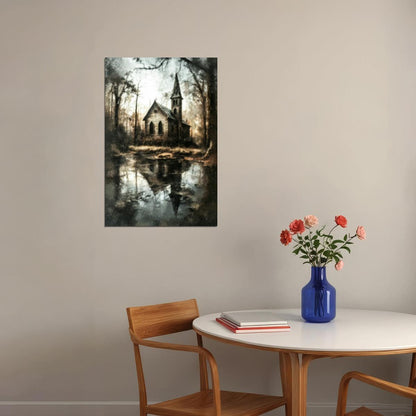 Creepy Abandoned Church Painting Print Ghost House Misty Lake Gothic Wall Art