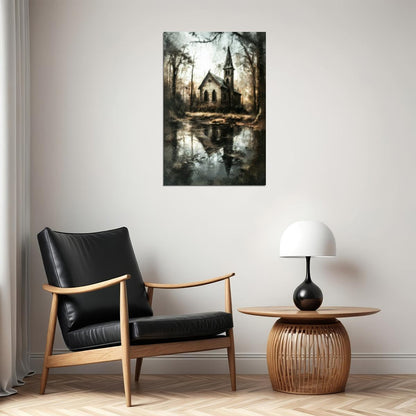 Creepy Abandoned Church Painting Print Ghost House Misty Lake Gothic Wall Art