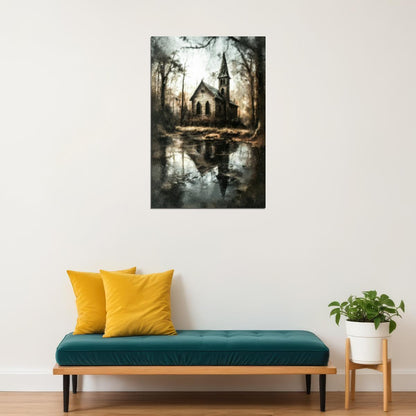 Creepy Abandoned Church Painting Print Ghost House Misty Lake Gothic Wall Art