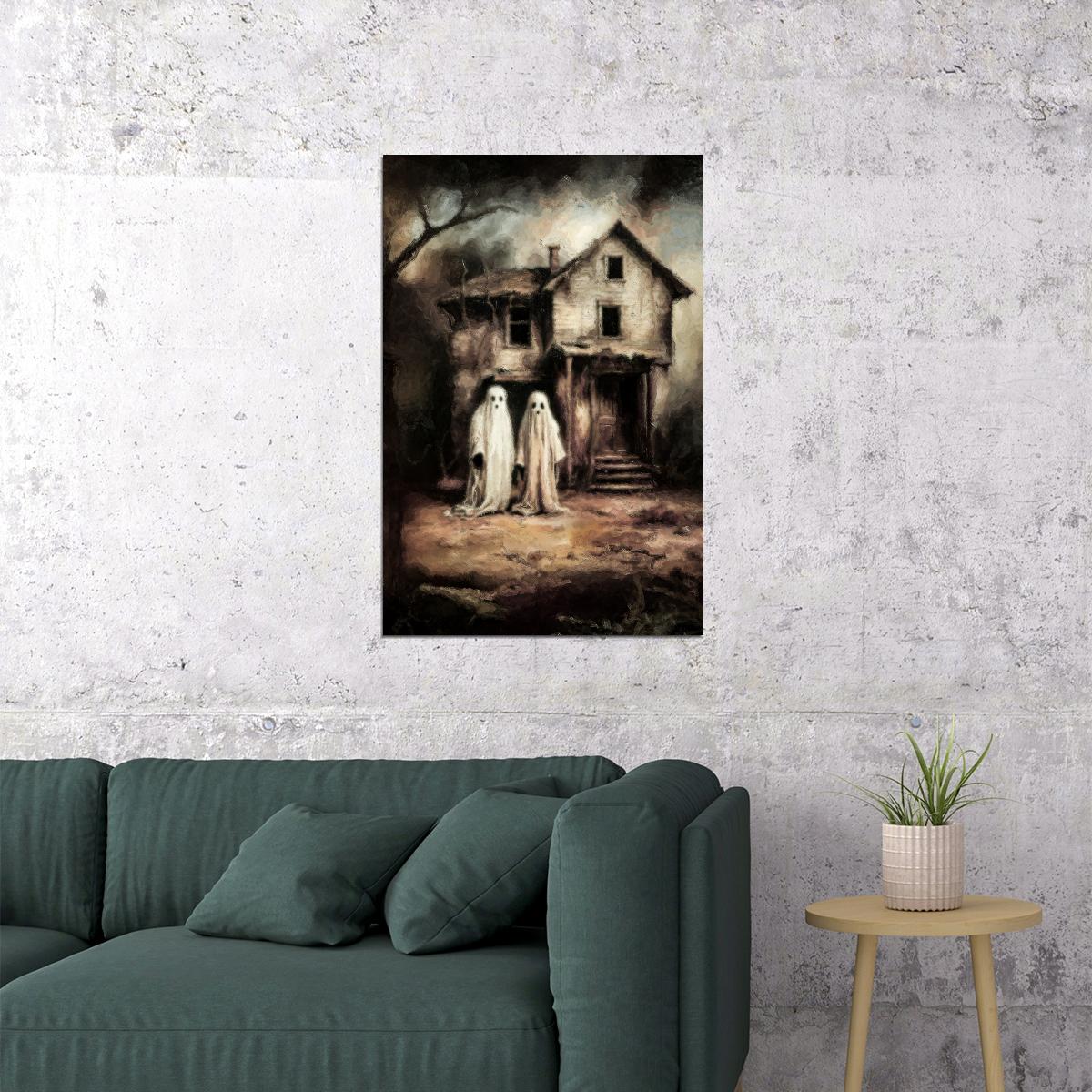 Ghost In Abandoned House Painting Print Creepy Gothic Wall Art Vintage Dark Academia Wall Decor - xonomax