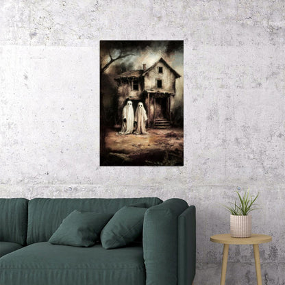 Ghost In Abandoned House Painting Print Creepy Gothic Wall Art Vintage Dark Academia Wall Decor - xonomax