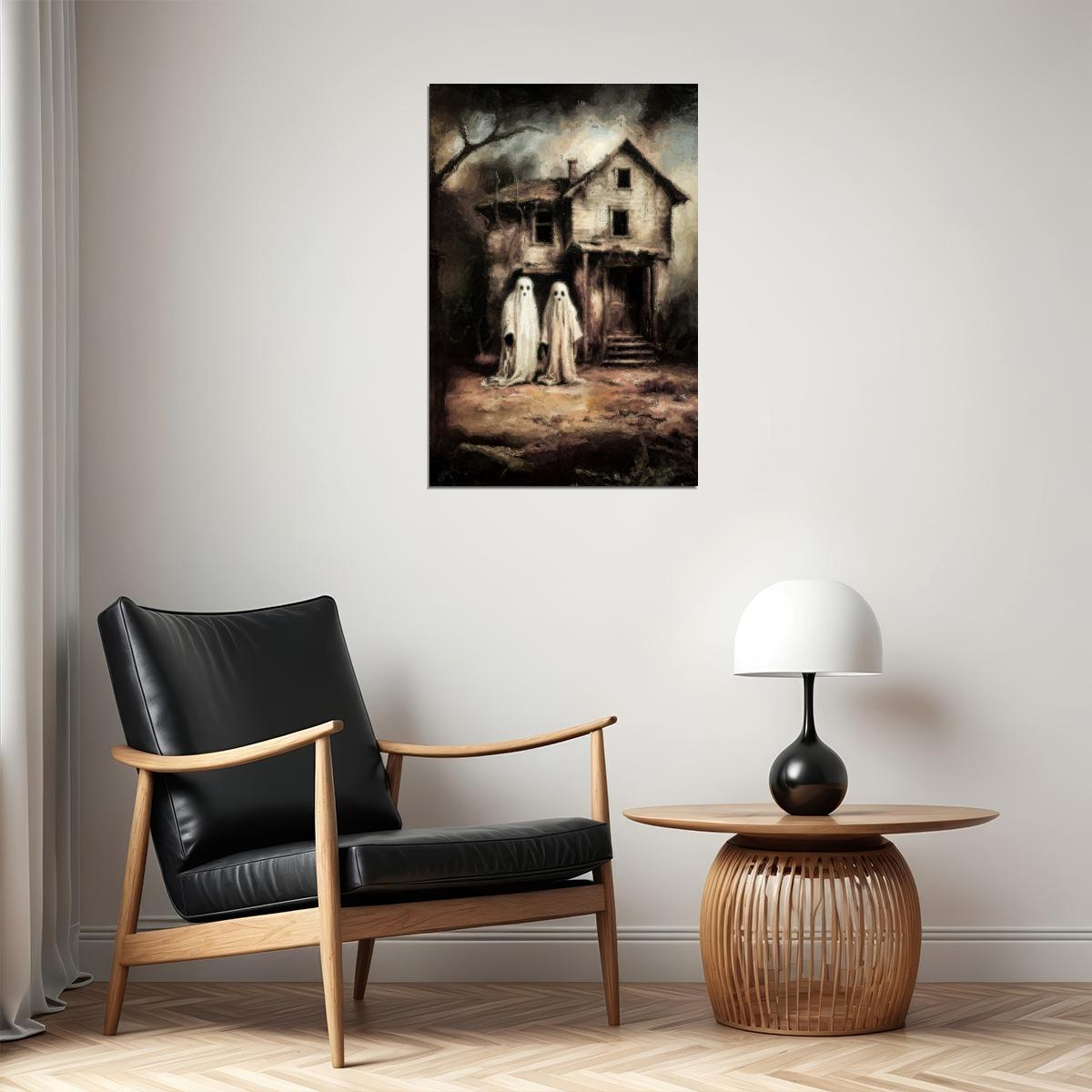 Ghost In Abandoned House Painting Print Creepy Gothic Wall Art Vintage Dark Academia Wall Decor - xonomax