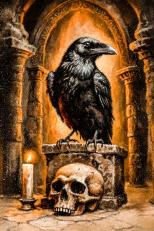 Crow In Crypt Painting Print Creepy Skull Halloween Poster Gothic Aesthetic Moody Wall Art - xonomax