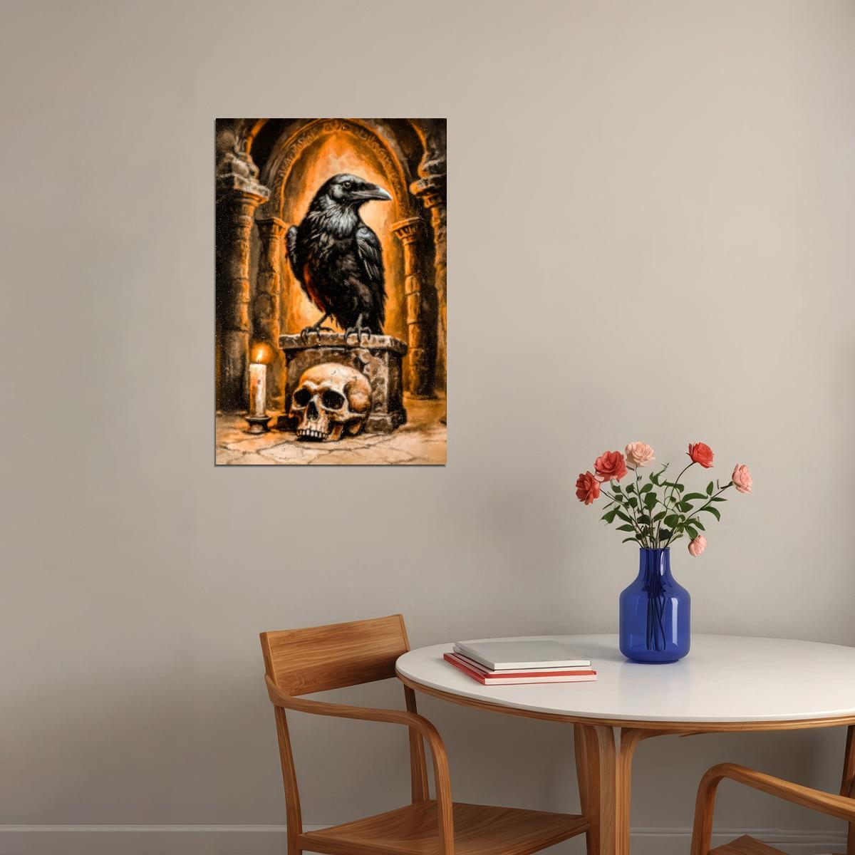 Crow In Crypt Painting Print Creepy Skull Halloween Poster Gothic Aesthetic Moody Wall Art - xonomax
