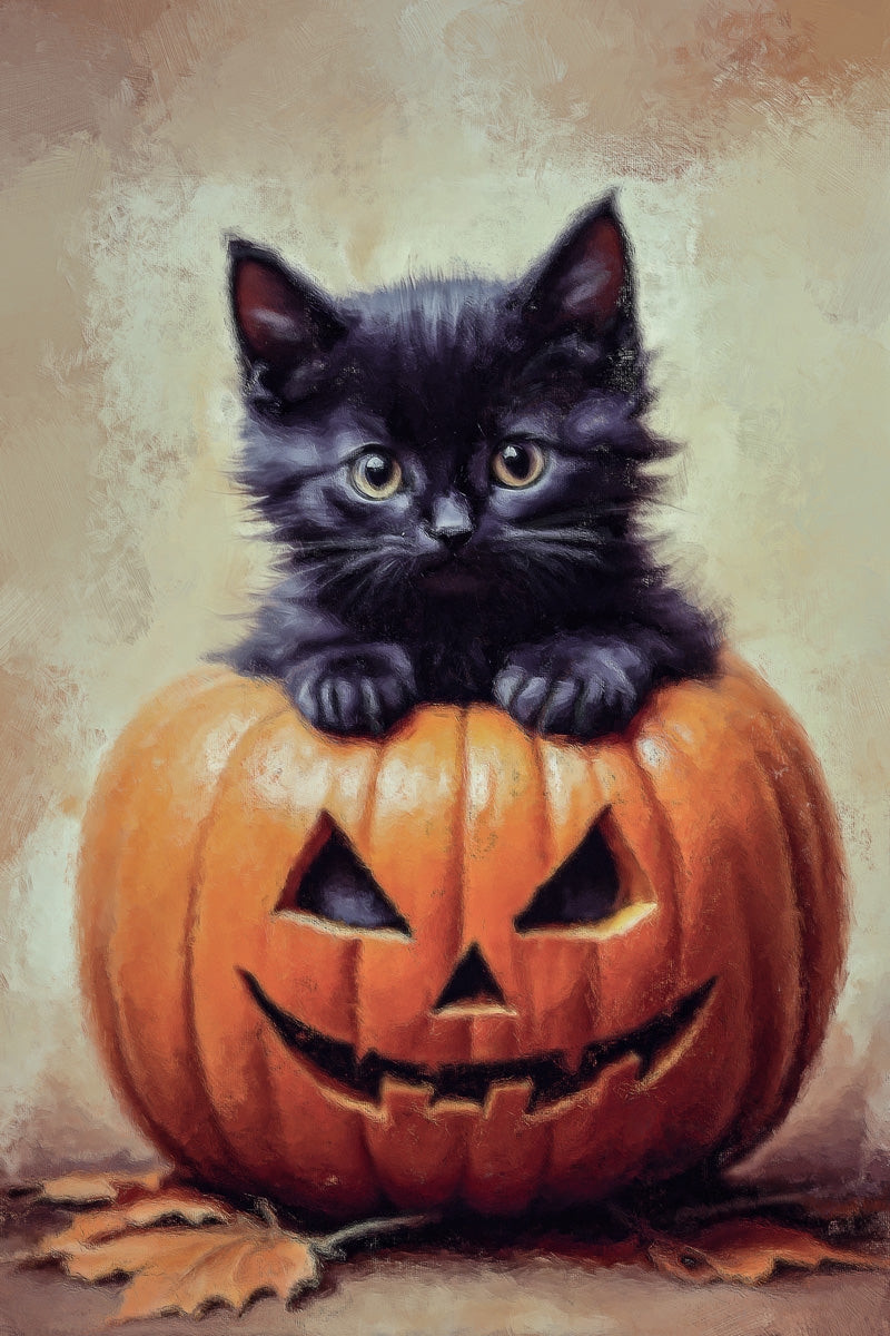 Poster Cute Black Cat Halloween Painting Print Victorian Pumpkin