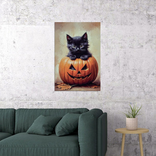 Cute Black Cat Halloween Painting Print Victorian Pumpkin And Kitten Poster Gothic Dark Academia Art - xonomax