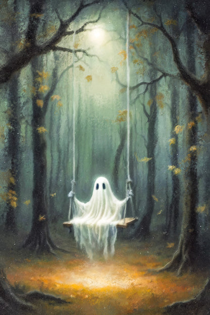 Cute Ghost On Swings Painting Print Dark Academia Halloween Poster Gothic Aesthetic Moody Artwork - xonomax