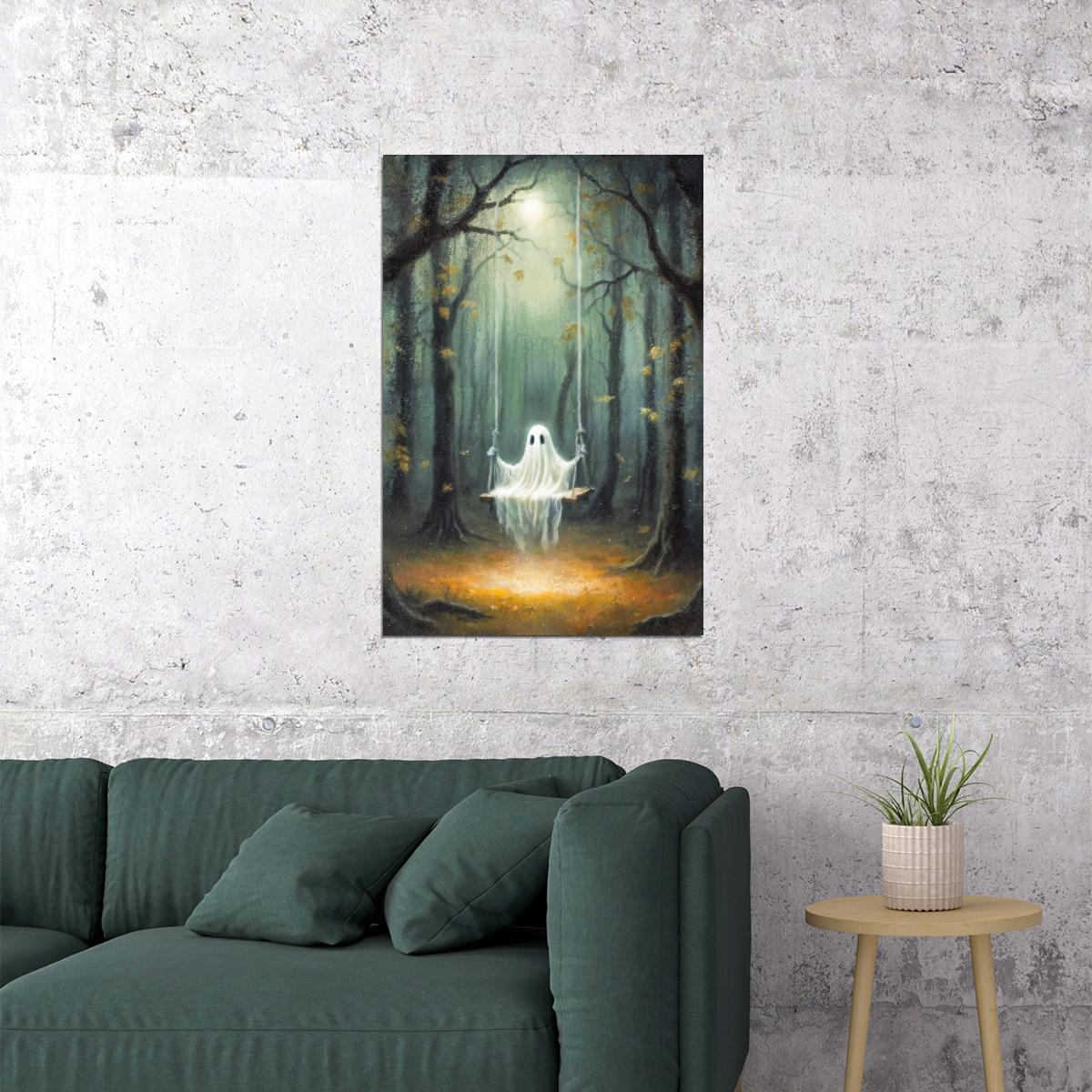 Cute Ghost On Swings Painting Print Dark Academia Halloween Poster Gothic Aesthetic Moody Artwork - xonomax