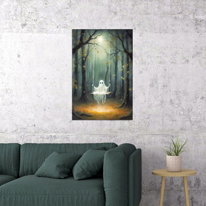 Cute Ghost On Swings Painting Print Dark Academia Halloween Poster Gothic Aesthetic Moody Artwork - xonomax